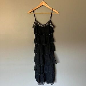 Black tiered ruffle midi dress w/ jewel embellishments
Brand: L'Pogee
Size: M